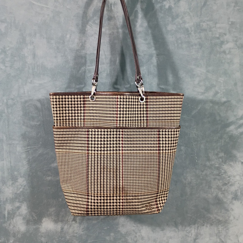 Lauren Ralph Lauren Houndstooth Tote Bag Tan/Blck Burgundy Plaid Shoulder Purse
